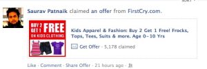 First Cry Offer on Facebook Availed By Fan