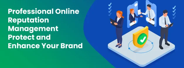 Business professionals managing online reputation with security shield