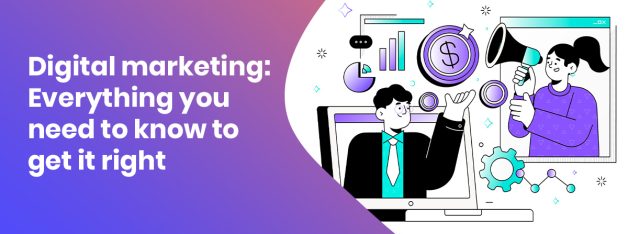 Digital marketing strategy with analytics charts, megaphone, and business growth