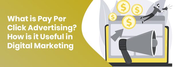 Pay per click advertising concept with megaphone, dollar coins, and digital marketing screen
