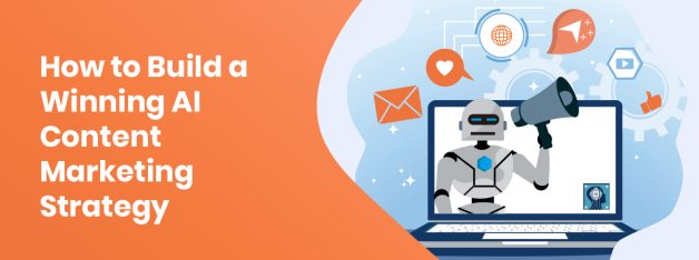 AI content marketing strategy with robot using laptop, megaphone, and digital media icons