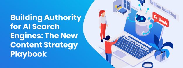 Building authority for AI search engines with chatbot, laptop, and online booking interface