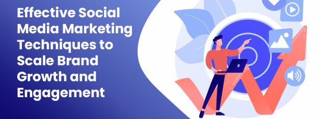 Marketer working on a laptop next to social media icons and an upward growth arrow to illustrate effective social media marketing techniques
